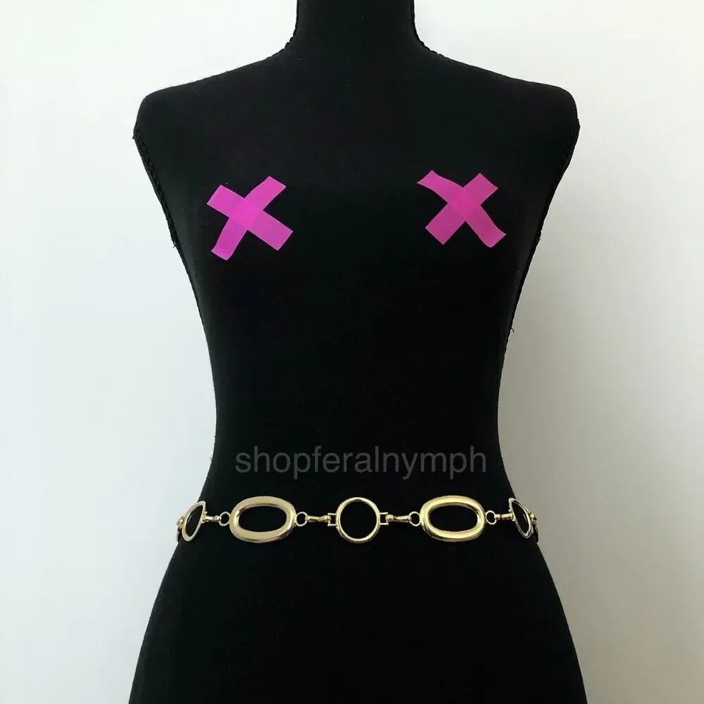 Vintage Y2K Gold-Tone Geometric Link Chain Belt, Fits 28.5–42.5 Inches, X7GA1220